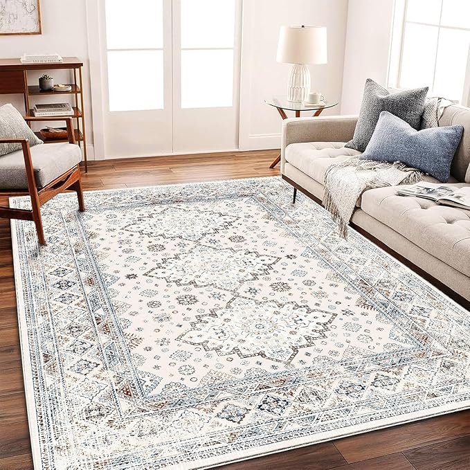 CHAMPLANT Washable Area Rug 10x14 Retro Flowers Boho Design Non-Shedding Easy by CHAMPLANT