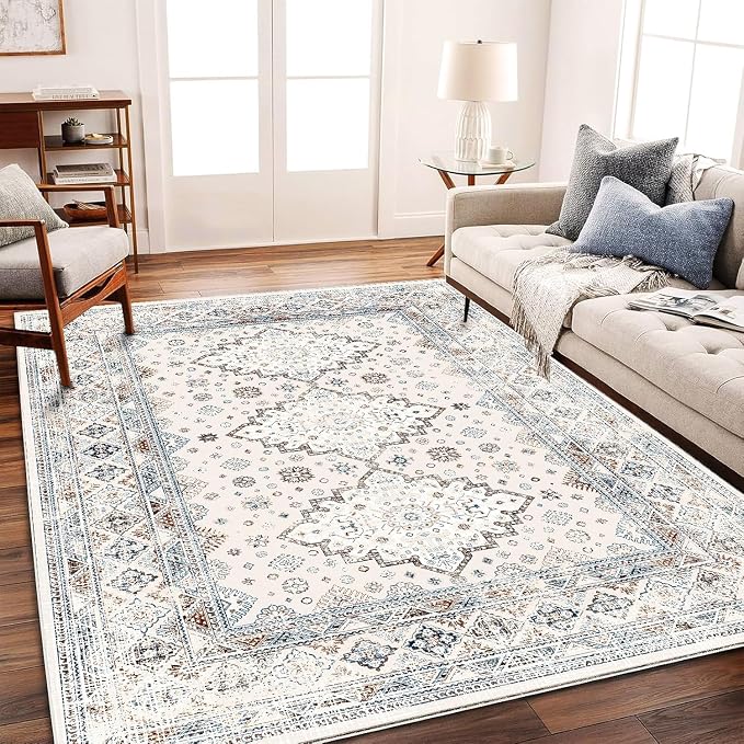 CHAMPLANT Washable Area Rug 5x7 Retro Boho Chic Medallion Distressed Design by CHAMPLANT