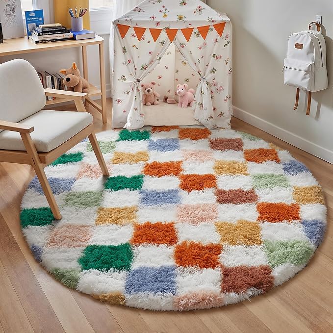 PureCozy Checkered Rug 6x6 for Living Room, Modern Neutral Shag Rug Washable by PureCozy