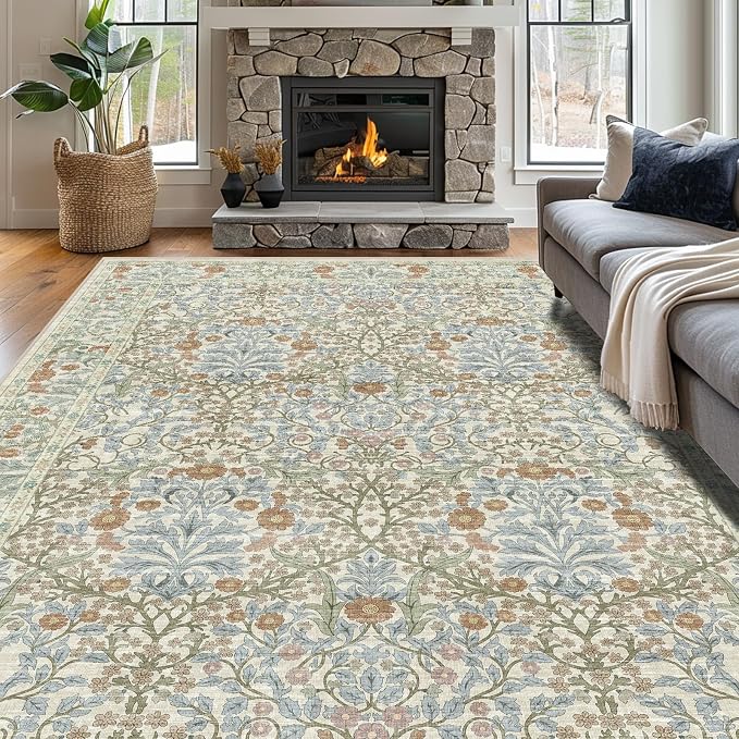 Vintage Beige Blue Living Room Rug, 9x12 Washable Area Rugs - Image 2