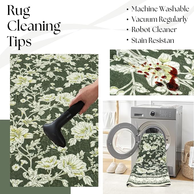 Olive Green Floral Print Area Rugs - Image 4
