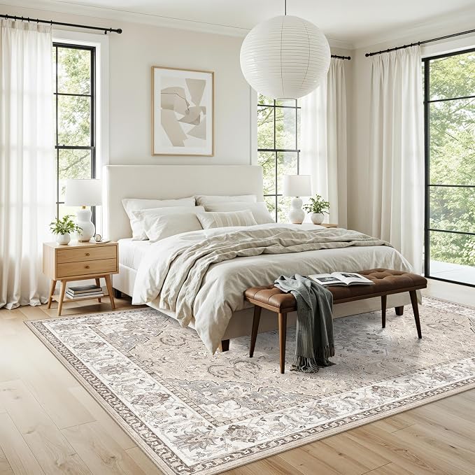 7x10 Area Rug for Living Room: Washable Neutral Vintage Large Rugs for Bedroom - Image 6