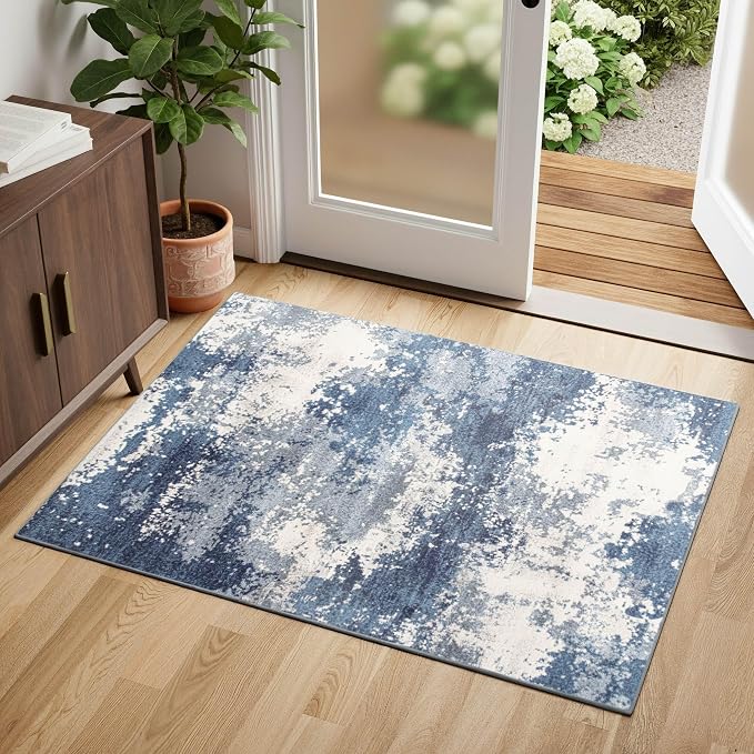Entryway Rug 2x3 Blue Door Mat Indoor Entrance 24x36, Washable Small Throw Rugs by Acapet