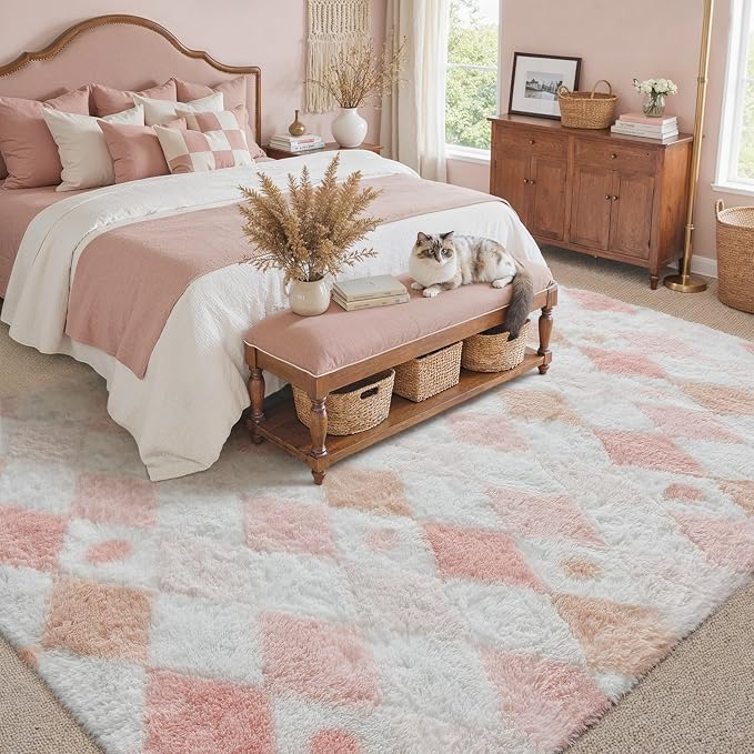 PureCozy Checkered Rug 8x10 Fluffy Shag Living Room Pink Area Rug Modern - Image 3