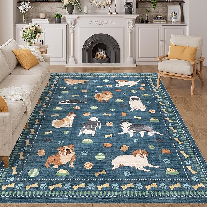 DUKINO 5x7 Rug for Living Room, Lightweight Animal Dog Print Washable Area Rug by DUKINO