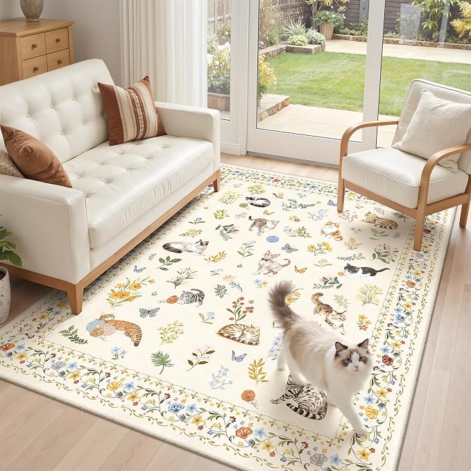 Soalmost Cat 4x6 Area Rugs, Machine Washable Animal Floral Accent Rug Non-Slip - Image 3