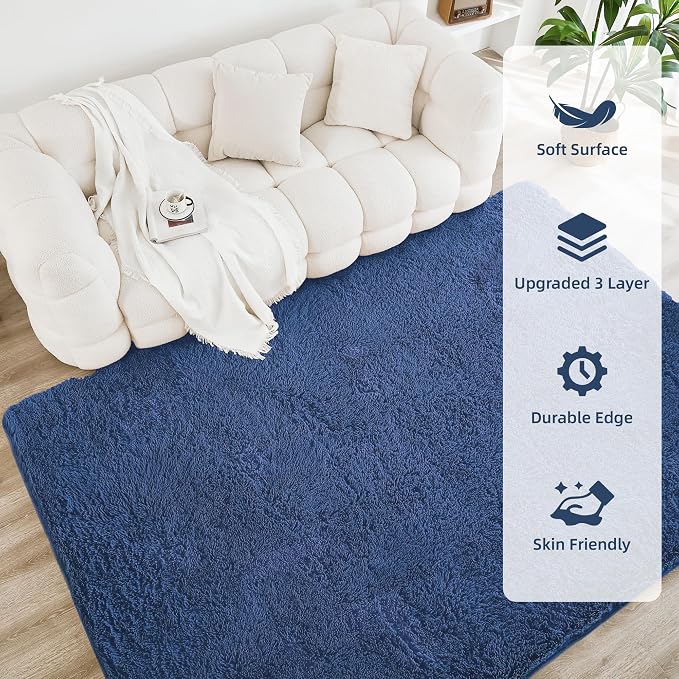 Litanika 8x10 Shag Area Rug for Living Room Bedroom, Dark Blue High Pile Ultra - Image 4