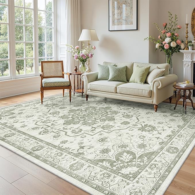 Madane 8x10 Area Rugs for Living Room, Machine Washable Vintage Green Rug by Madane