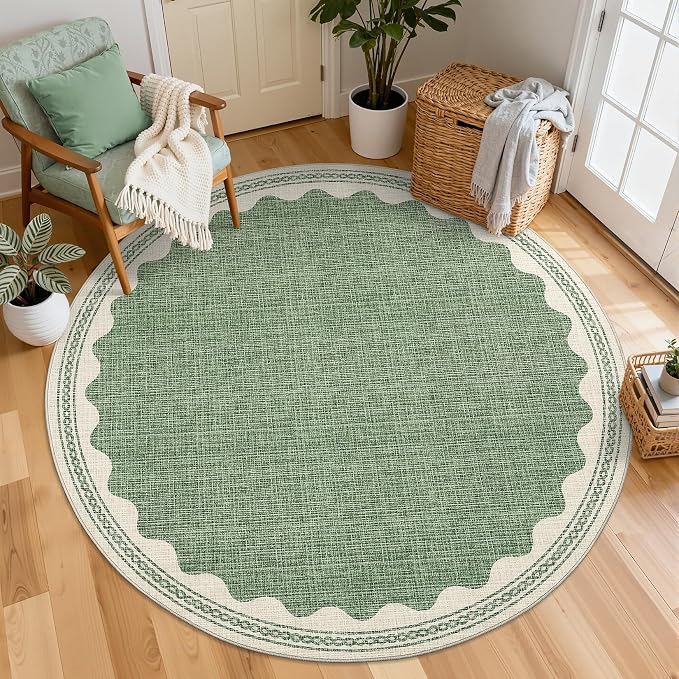 GarveeHome Scalloped Sage Green 5ft Round Rug Washable Non-Slip Soft Ultra-Thin - Image 2