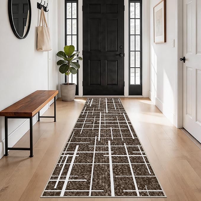 Non Slip Hallway Runner Rug 2x8, Modern Distressed Stripe, Washable Long Rug - Image 3