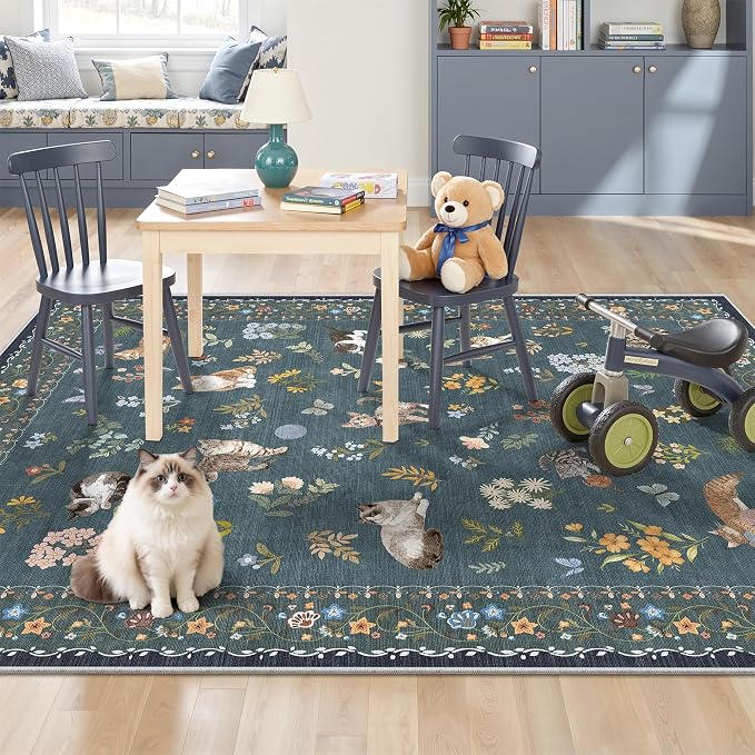 Soalmost Cat 3x5 Area Rugs for Entryway, Machine Washable Animal Floral Accent - Image 2