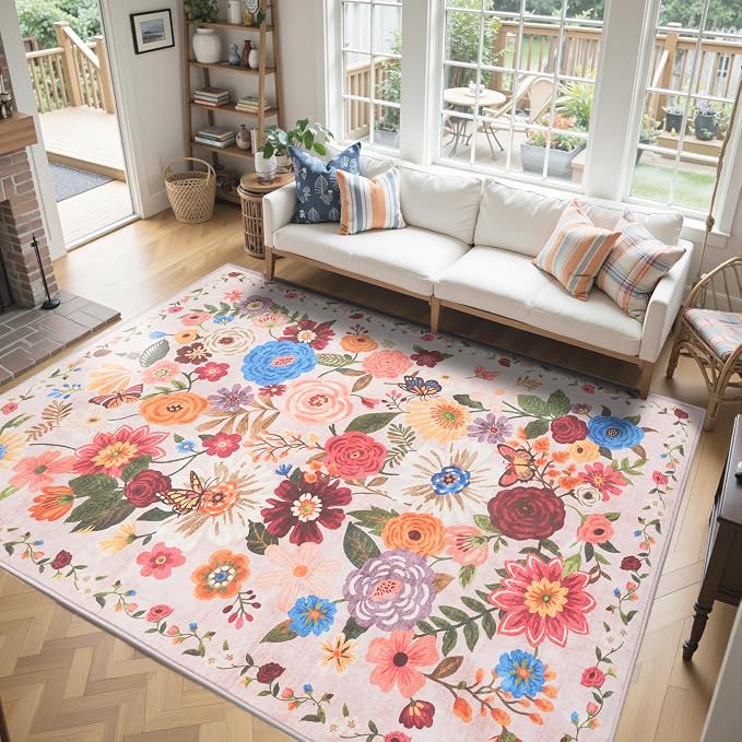 Blush Washable Area Rug 8x10, Large Soft Floral Carpet by WelcometoBabovid