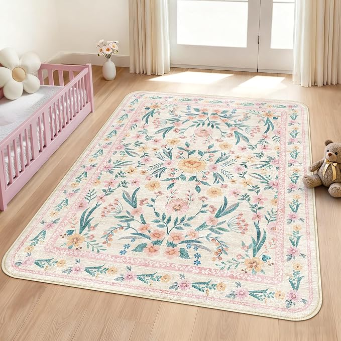 Pink Floral Rug 3x5 for Girls Bedroom, Washable Non-Slip Nursery Rug, Soft Cute - Image 3