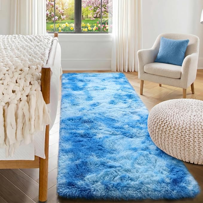 ONASAR Runner Rugs for Bedroom Living Room, Fluffy Tie-Dyed Blue 2x6 Bedside by ONASAR