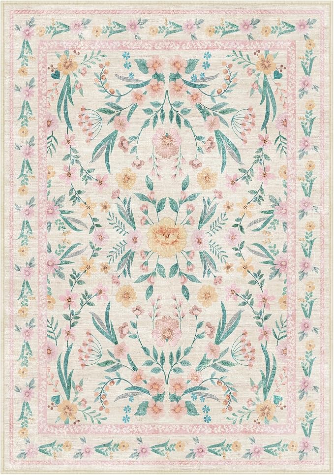 5x7 Pink Floral Nursery Rug, Machine Washable Non Slip Soft Faux Wool Carpet - Image 10