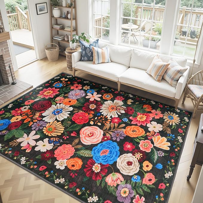 Washable Area Rug 8x10 Espresso, Large Soft Floral Carpet - Image 2