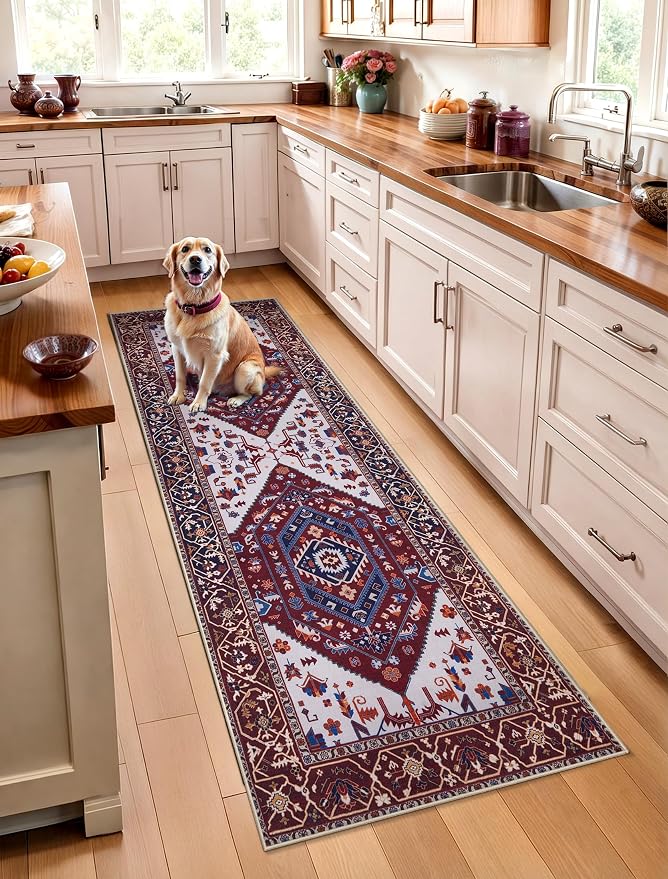 SERISSA Boho Washable Runner Rug, 2x6 Rug Runner Non-Slip Vintage Burgundy Navy by SERISSAHomeDecorCollection