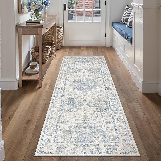 Neutral Kitchen Rug Set of 3 Washable Blue Vintage Kitchen Mats - Image 5