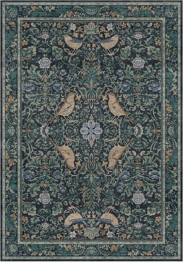 Boho Living Room Rug, 7x10 Floral & Bird Pattern Area Rug - Image 6