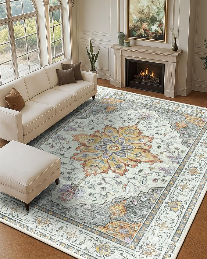 RELEANY Area Rugs Large 9'x12' Washable Non-Slip, Floral Vintage Distress - Image 2