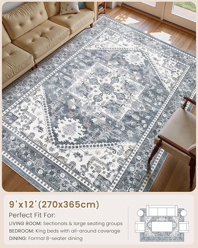 9x12 Vintage Area Rug: Washable Neutral Soft Non Slip Thin Large Floor Carpet - Image 8