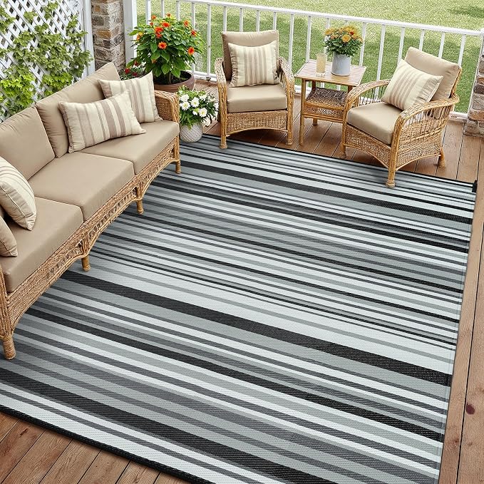 Outdoor Plastic Straw Rug Waterproof Patio 9x12 Black White Stripe Mat by WondRg