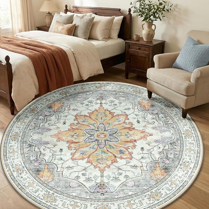 RELEANY Area Rugs Round 6ft Washable Non-Slip, Floral Vintage Distress - Image 3