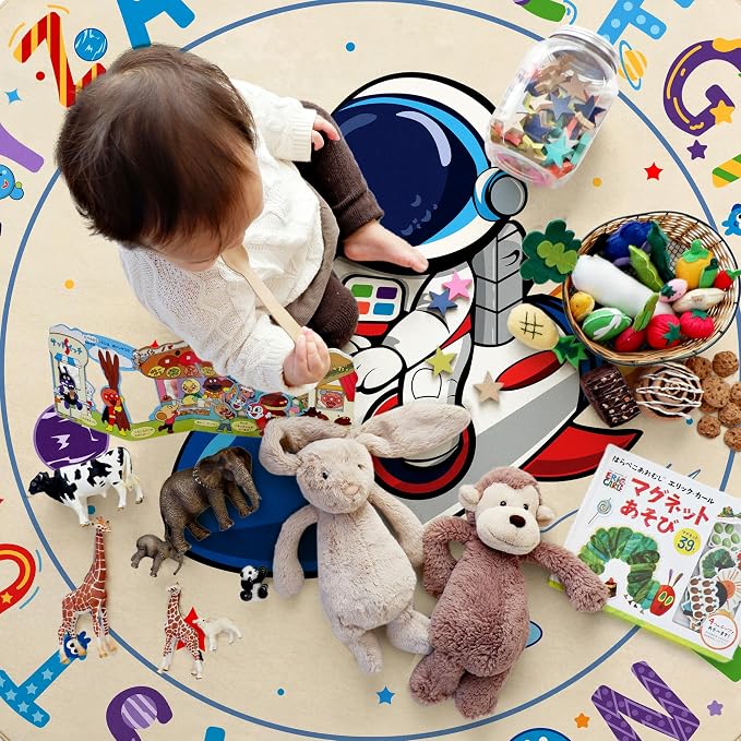 Astronaut Space Kids Round Rug 5ft, Washable Alphabet ABC Circle Carpet - Image 7