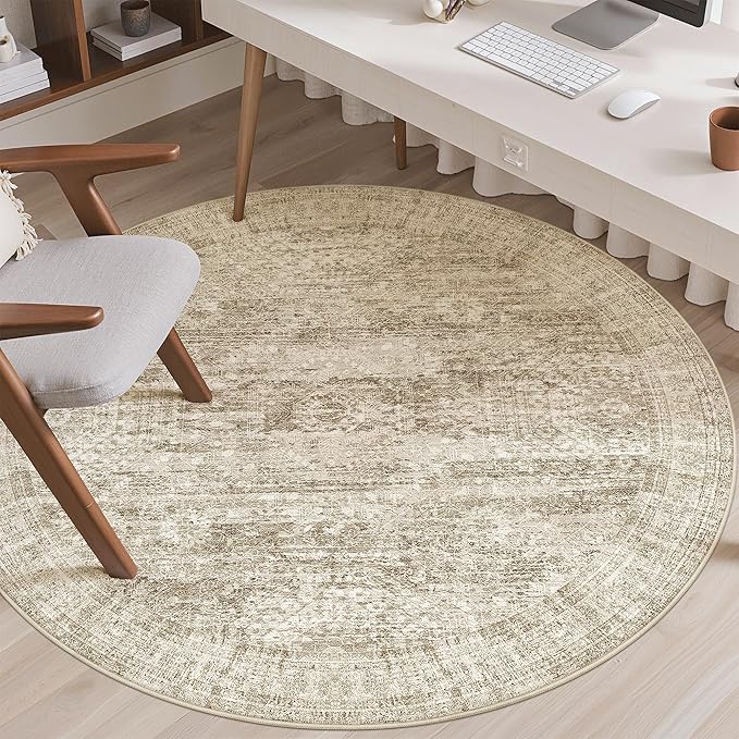 Soalmost 6x6 Brown Round Rug 6ft Living Room Circle Rug Vintage Round Area Rug - Image 4