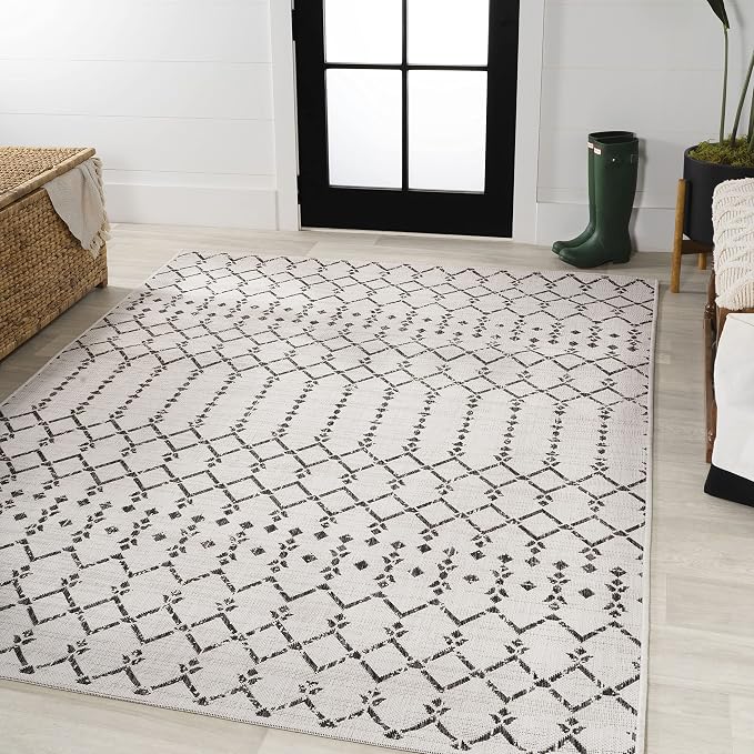 JONATHAN Y Moroccan Geometric Indoor Outdoor Area Rug 9X12 Cream/Black - Image 4