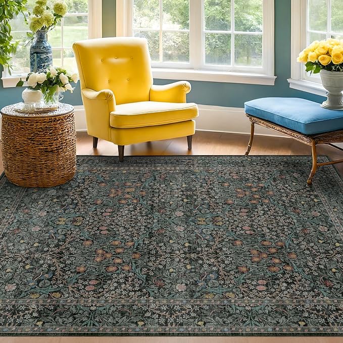 Washable Vintage 5x8 Living Room Rug, Dark Green Floral Area Rug by HazoHaus