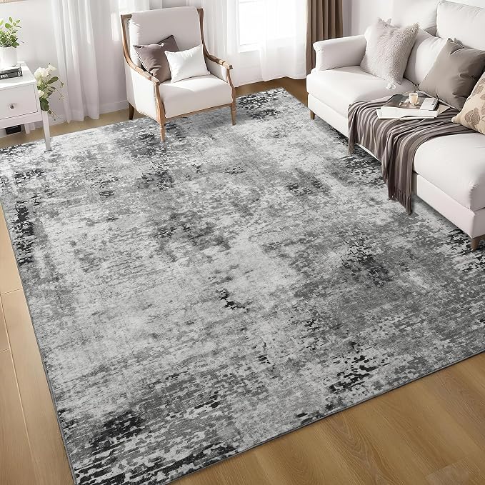 Living Room Rug 7x10 Gray Area Rugs Machine Washable Abstract Boho Large Rug by OmpaaHomeDecor