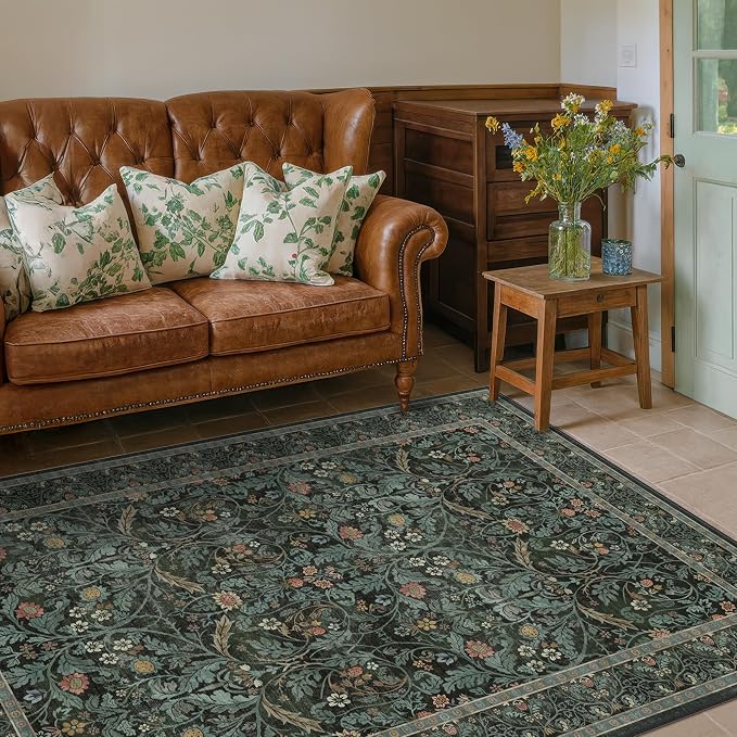 Floral 4x6 Boho Rugs for Living Room, Dark Green Washable Kitchen Floor Mats - Image 3