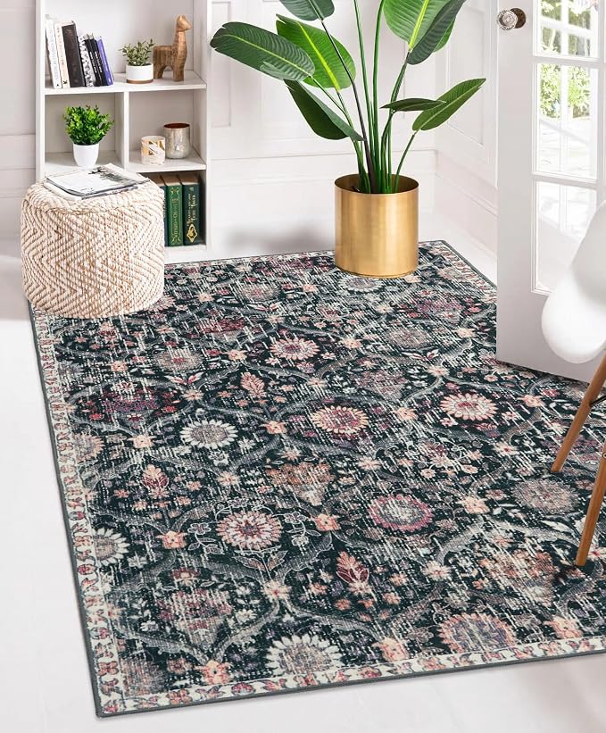 Lahome Moroccan Trellis Washable Small Area Rug, 3x5 Black Rug by Lahome