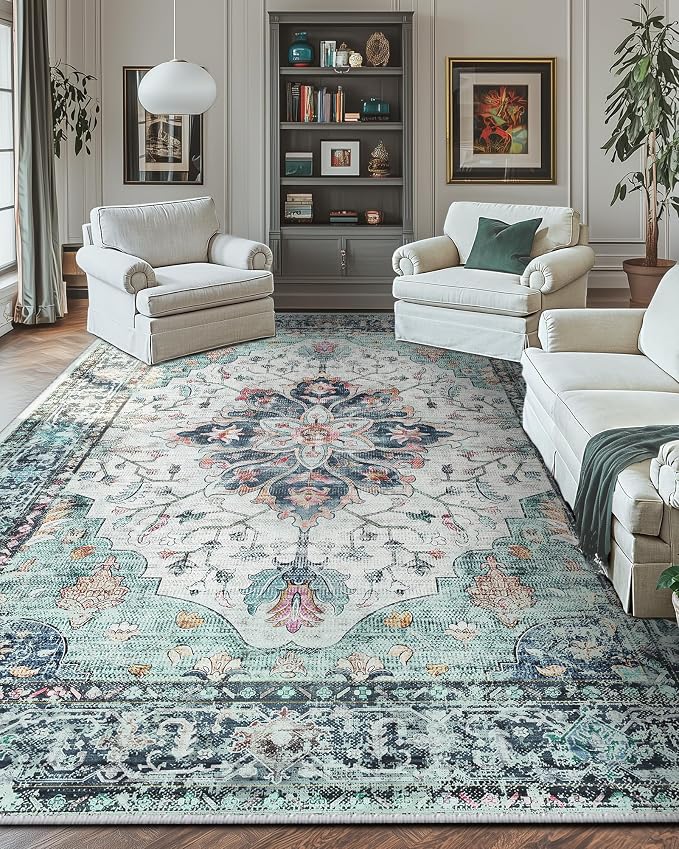 RELEANY Area Rugs Large 10'x14' Washable Non-Slip, Floral Vintage Distress - Image 2
