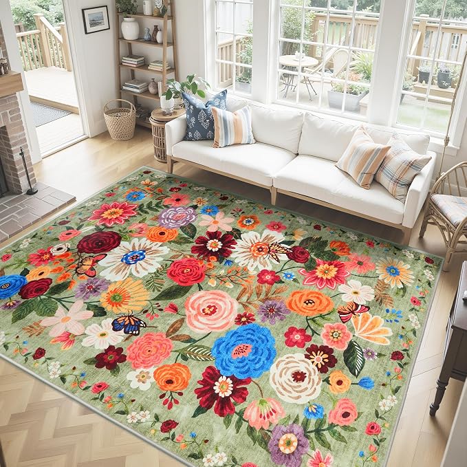 Washable Area Rug 8x10 Green, Large Soft Floral Rug by WelcometoBabovid