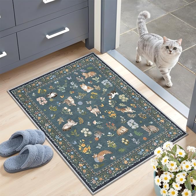Soalmost 2x3 Cat Rugs for Entryway, Machine Washable Door Mat Animal Floral by Soalmost