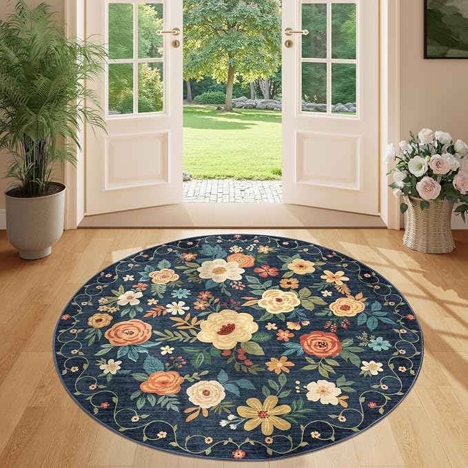 DUKINO Floral Round Rug, 4ft Washable Circle Rug, Non Slip Indoor Low Pile - Image 5