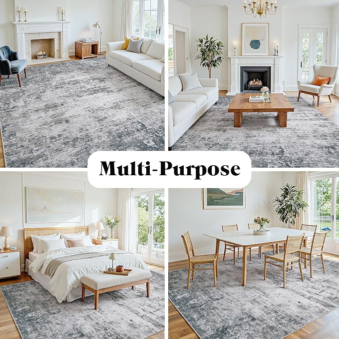 Area Rug 6x9 Living Room Rug Washable: No-Slip Abstract Soft Thin Large Gray - Image 8