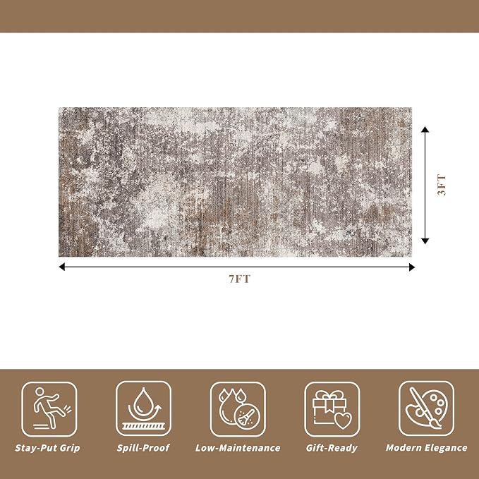 3x7 Kitchen Runner Rug – Washable Non-Slip Modern Abstract Neutral Carpet - Image 2