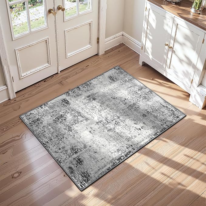 Entrance Rugs Indoor 2x4 Grey Entry Rug Washable Abstract Black Small Area Rug by OmpaaHomeDecor