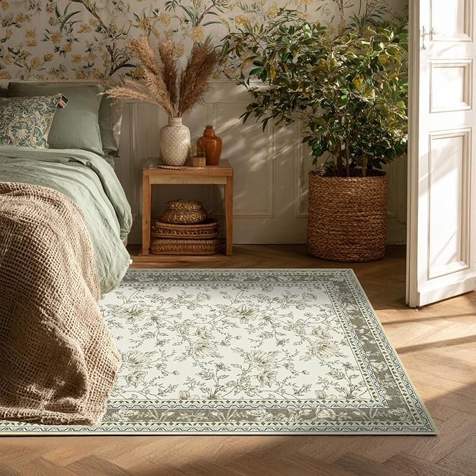 Floral Boho Rug 4x6 Washable Non Slip Area Rug Bohemian Carpet Door Mat Taupe - Image 3