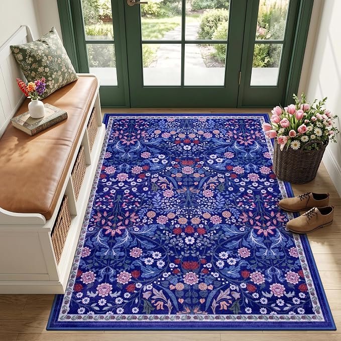 Area Rug Living Room Rugs: Floral 3x5 Washable Rug Vintage Soft Boho Non-Slip by PLHXFRSoftAreaRugs