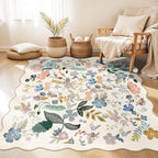 Floral Square Area Rugs for Family: Washable 5x5 Scalloped Carpet for Living by HYHAOYUNLAI