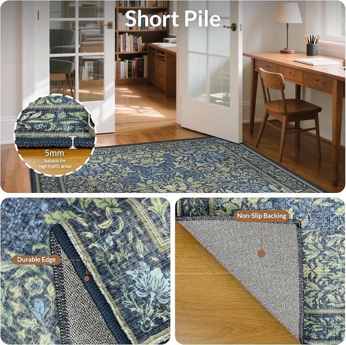 GENIMO 8x10 Washable Area Rug, Non-Slip Vintage Boho Floral Carpet, Soft - Image 5