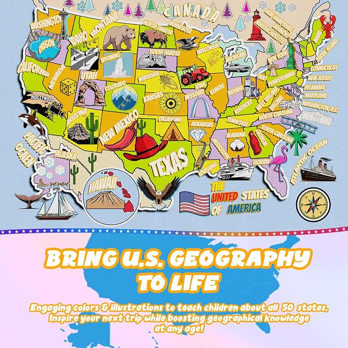 Educational USA Map Area Rug 9x12, Playroom Bedroom Classroom Rug - Image 2