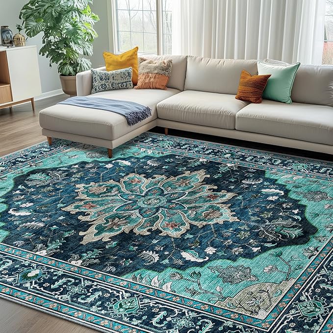 RELEANY Area Rugs 7'x10' Washable Non-Slip, Floral Vintage Distress Medallion by RELEANY
