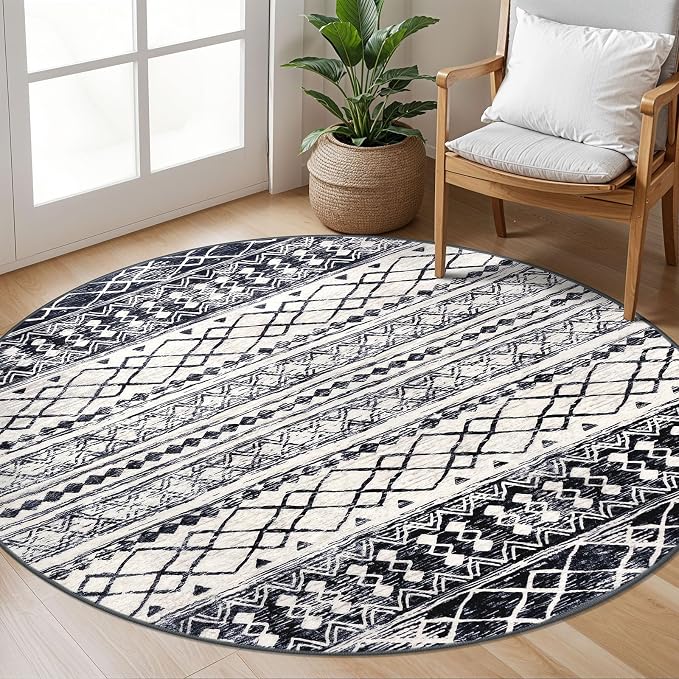 KUTA Washable Rugs Round 5Ft Black Navy Blue Boho Area Rug by KUTA