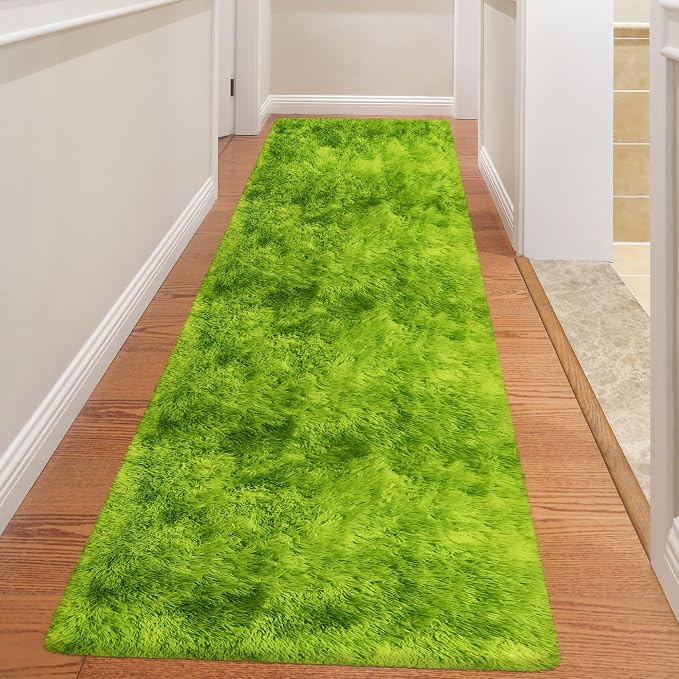 Grass Green Tie-Dyed Rug 3x10 ft Plush High Pile Shag Carpet Fluffy Soft Runner by TENNOLA