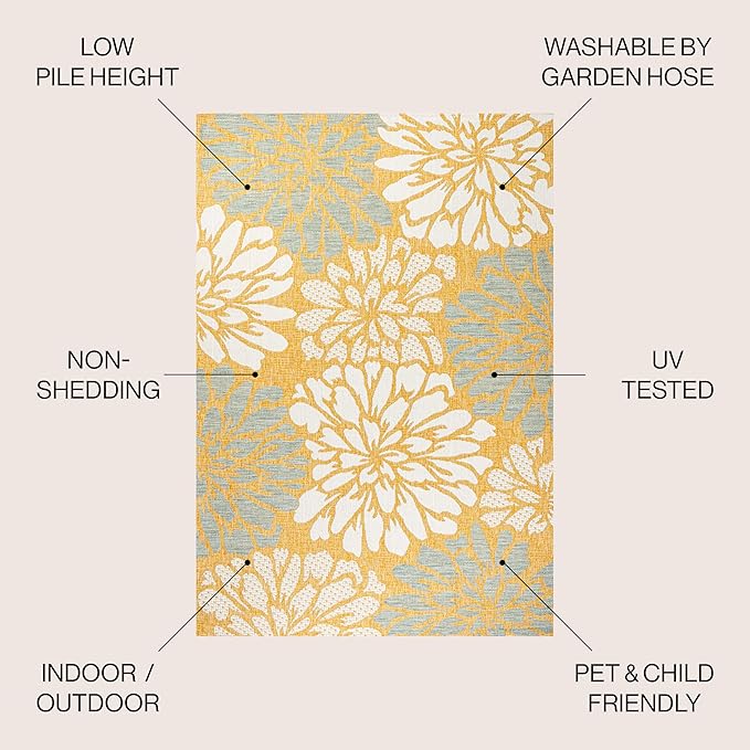 JONATHAN Y Floral Textured Weave Indoor Outdoor Square Area Rug 5X5 Yellow/Cream - Image 2